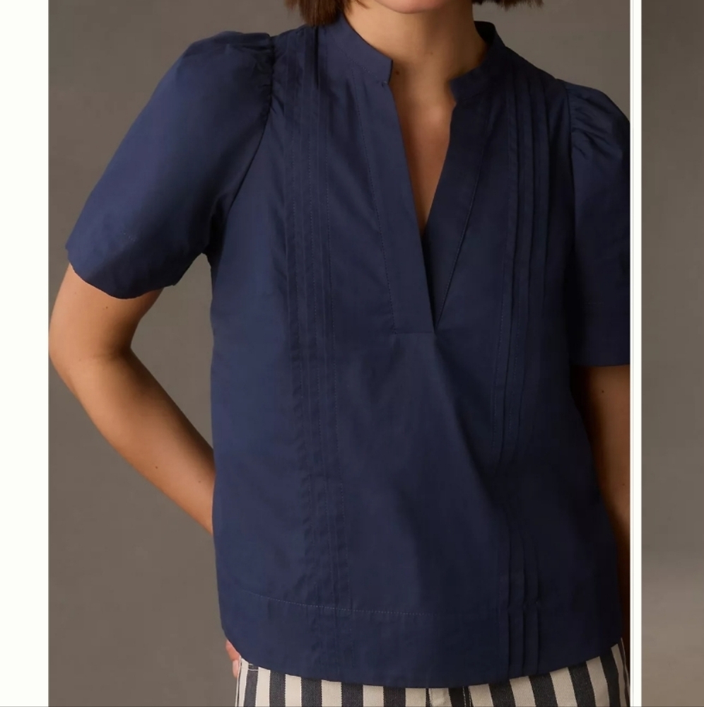 Maeve By Anthro Navy Blue Women's Poplin Pintuck Blouse Size 1X - Picture 2 of 12